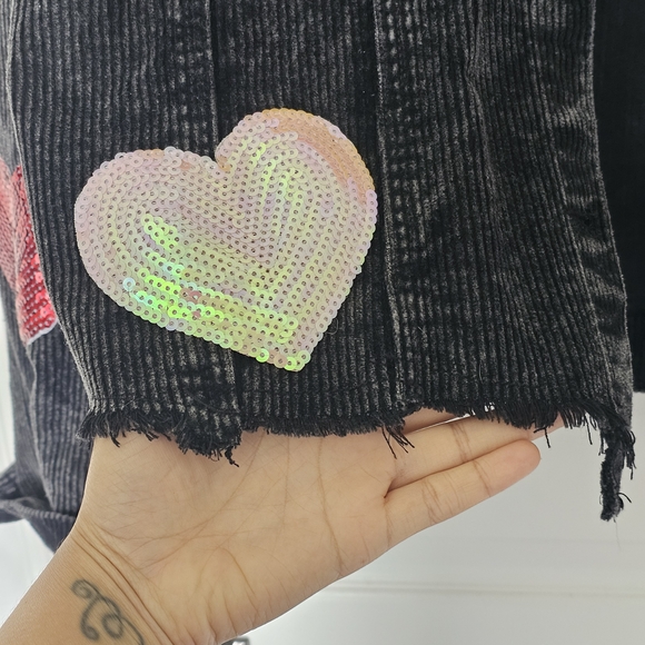 Sequin Heart Black Denim Jacket - Picture 3 of 7
